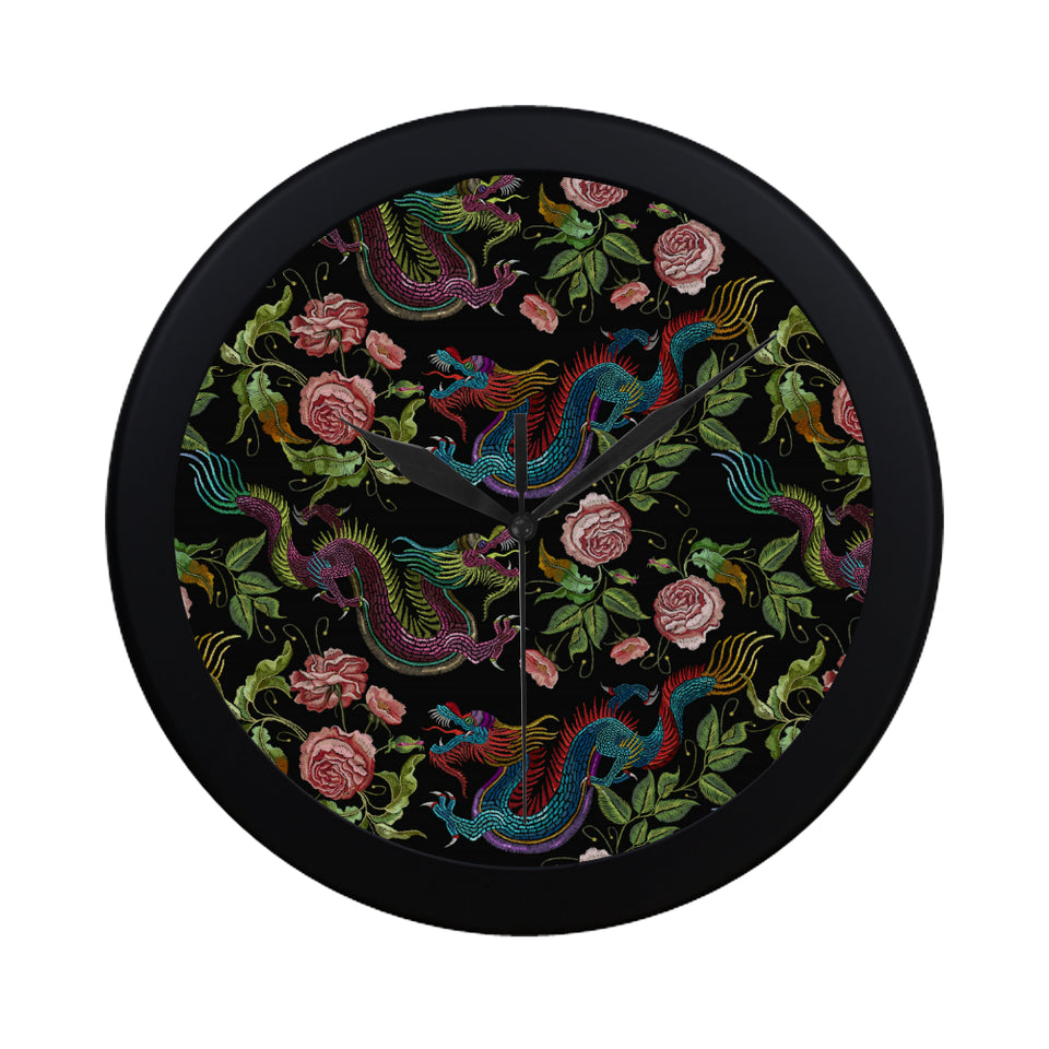 Dragons flower pattern Elegant Black Wall Clock