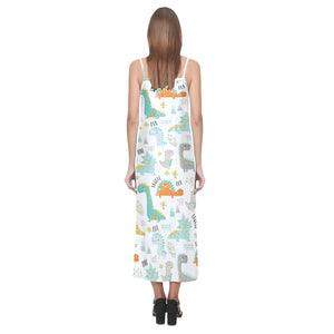 Cute funny kids dinosaurs pattern V-Neck Open Fork Long Dress