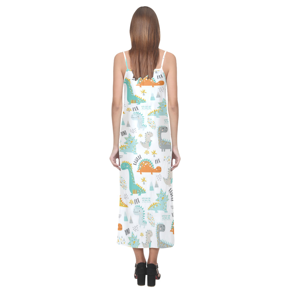 Cute funny kids dinosaurs pattern V-Neck Open Fork Long Dress