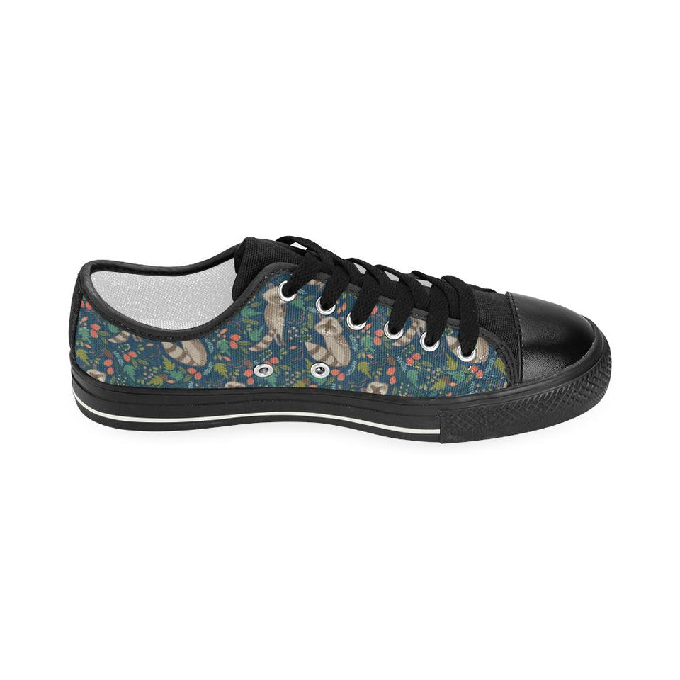 Raccoon tropical leaves pattern Kids' Boys' Girls' Low Top Canvas Shoes Black