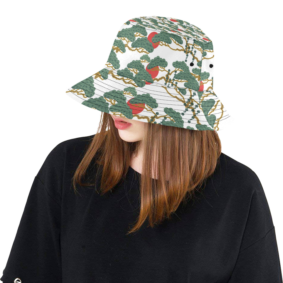 Bonsai red sun japanese pattern Unisex Bucket Hat