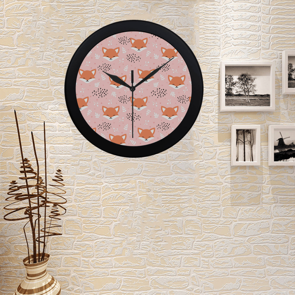 Cute fox pattern pink background Elegant Black Wall Clock