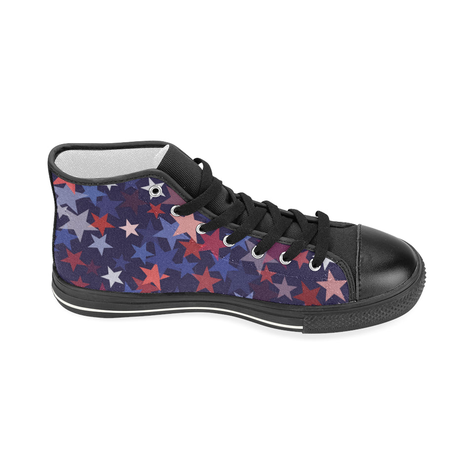 Red blue star pattern Women's High Top Canvas Shoes Black