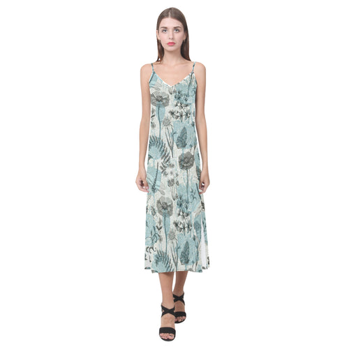 Dragonfly Butterfly Plants insect flower vintage s V-Neck Open Fork Long Dress
