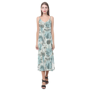 Dragonfly Butterfly Plants insect flower vintage s V-Neck Open Fork Long Dress