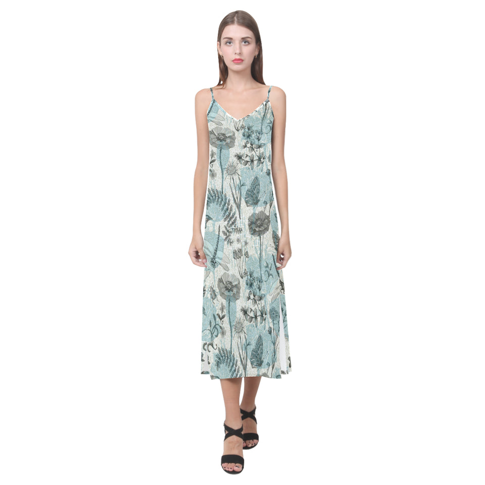 Dragonfly Butterfly Plants insect flower vintage s V-Neck Open Fork Long Dress