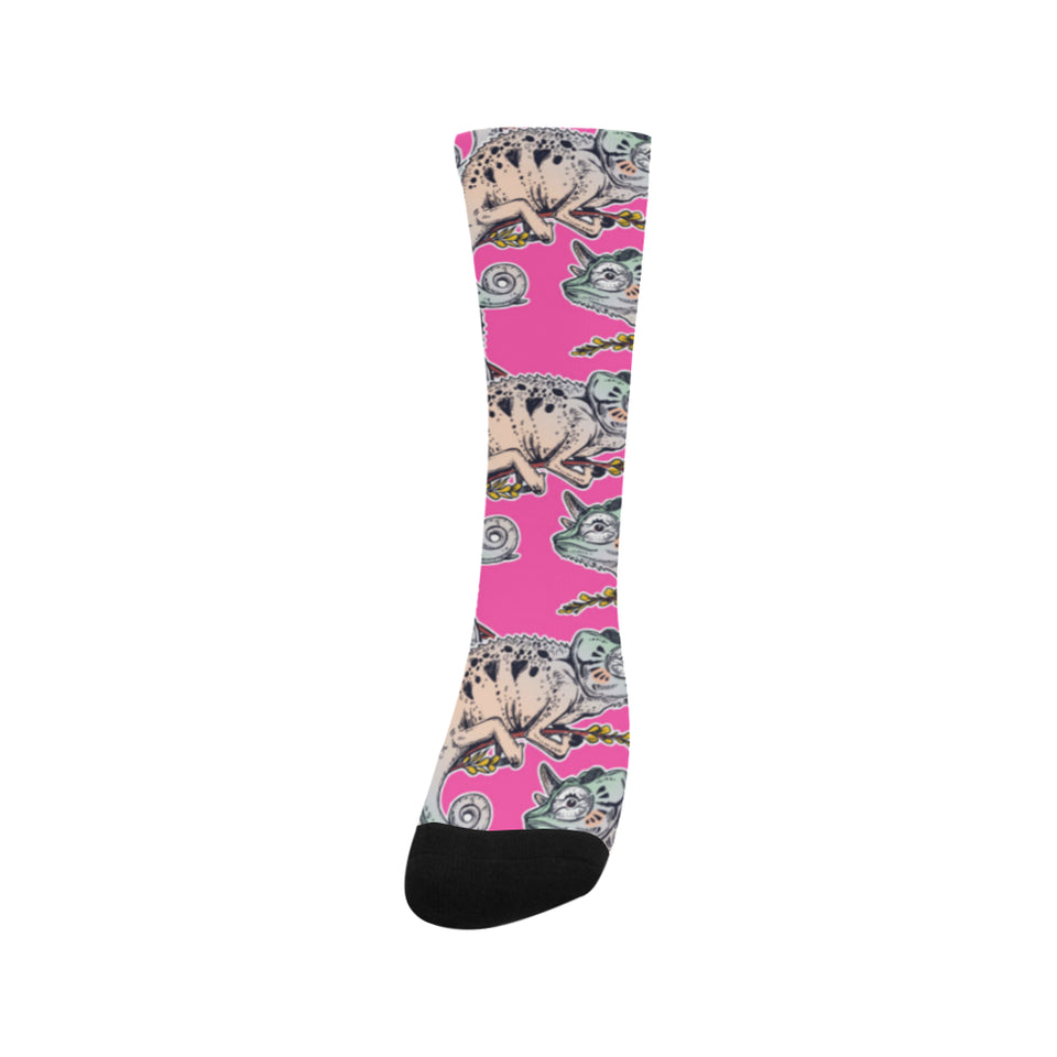 Chameleon lizard pattern pink background Crew Socks