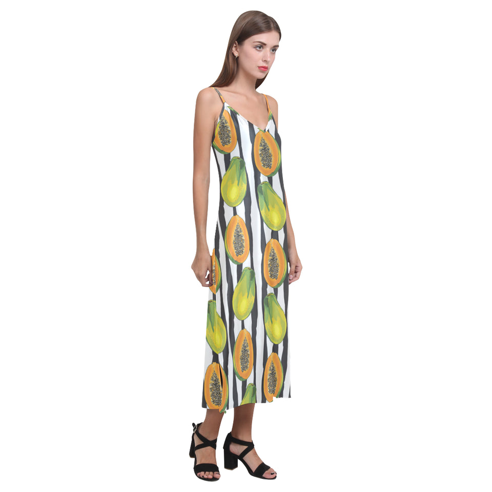 papaya design pattern V-Neck Open Fork Long Dress