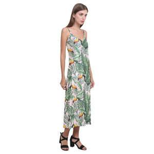 Toucan tropical green jungle palm pattern V-Neck Open Fork Long Dress