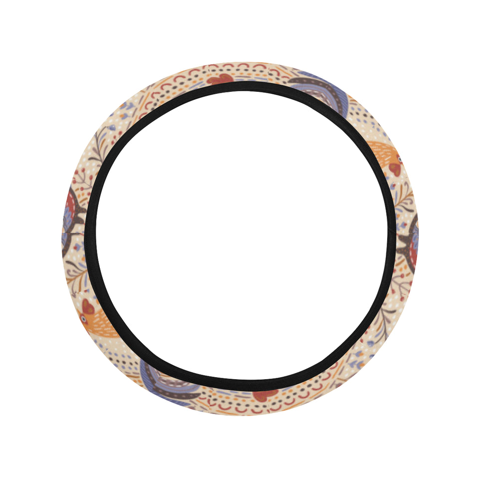 Cute rooster chicken cock floral ornament backgrou Car Steering Wheel Cover