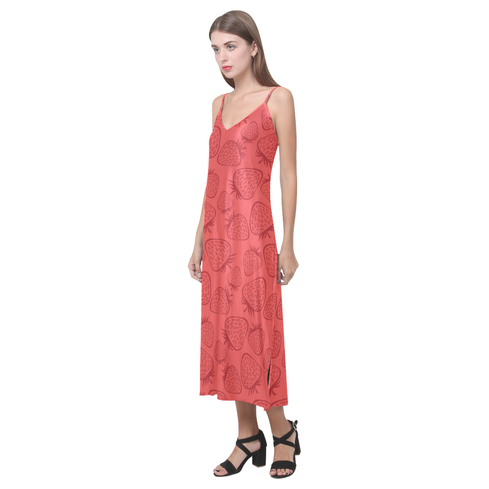 strawberry pattern red background V-Neck Open Fork Long Dress