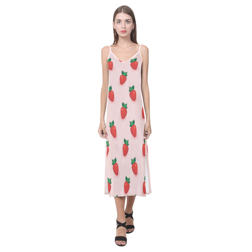 Strawberry beautiful pattern V-Neck Open Fork Long Dress