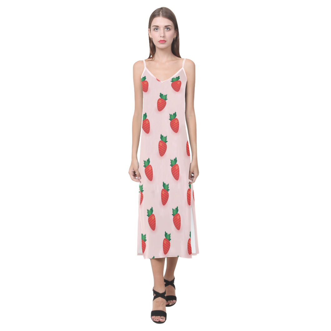 Strawberry beautiful pattern V-Neck Open Fork Long Dress
