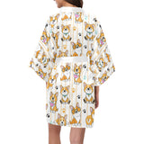 Cute dog corgi striped background pattern Women's Short Kimono Robe