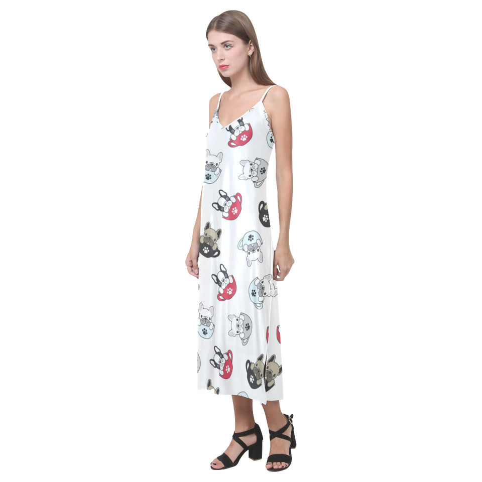 French bulldog cup paw pattern V-Neck Open Fork Long Dress