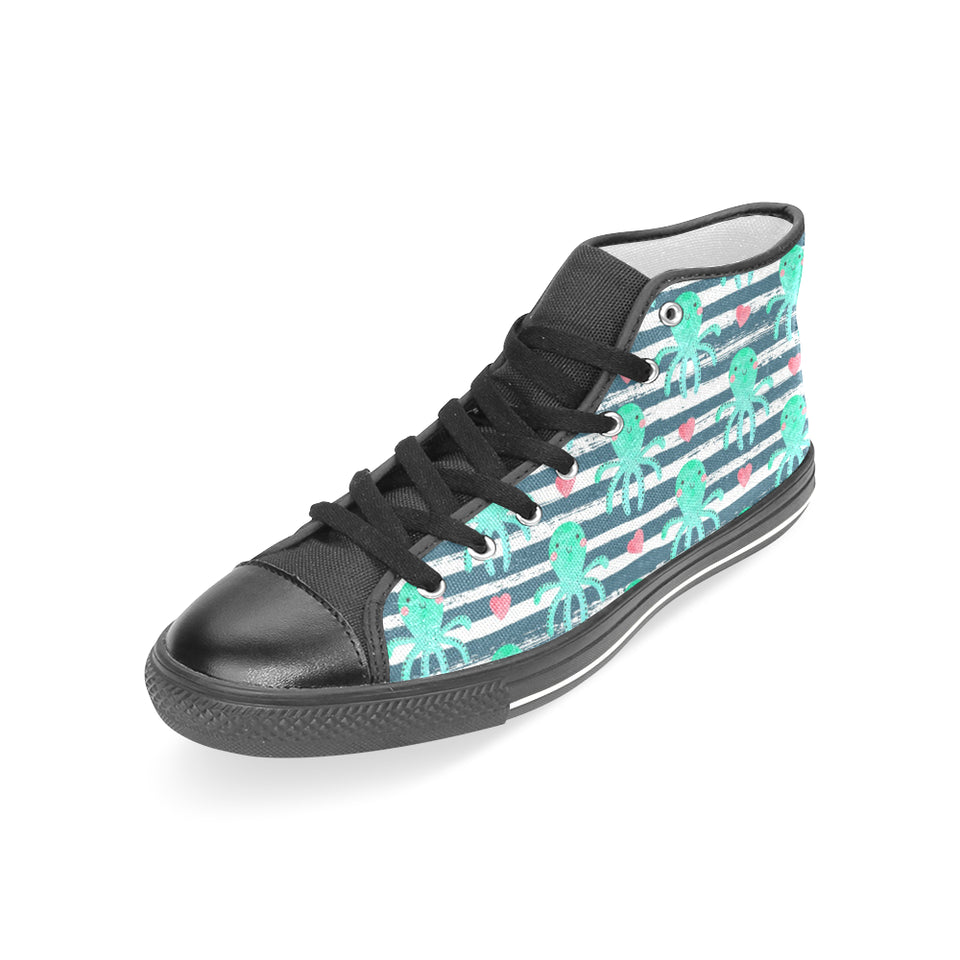 Cute octopuses heart striped background Women's High Top Canvas Shoes Black