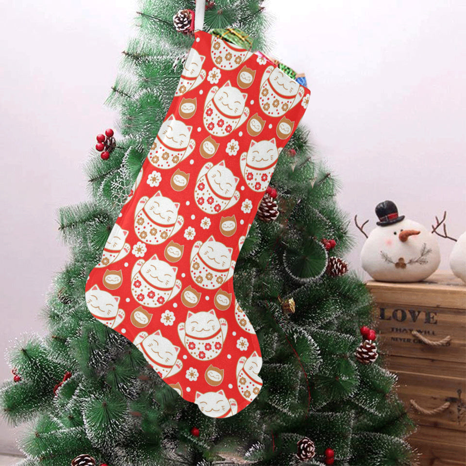 Cute Maneki neko cat red background Christmas Stocking