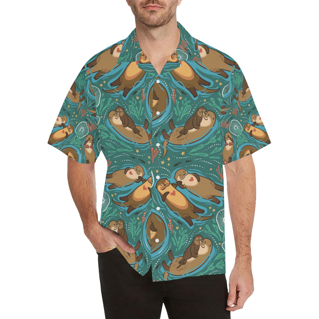 cute brown sea otters ornamental seaweed corals gr Men's All Over Print Hawaiian Shirt