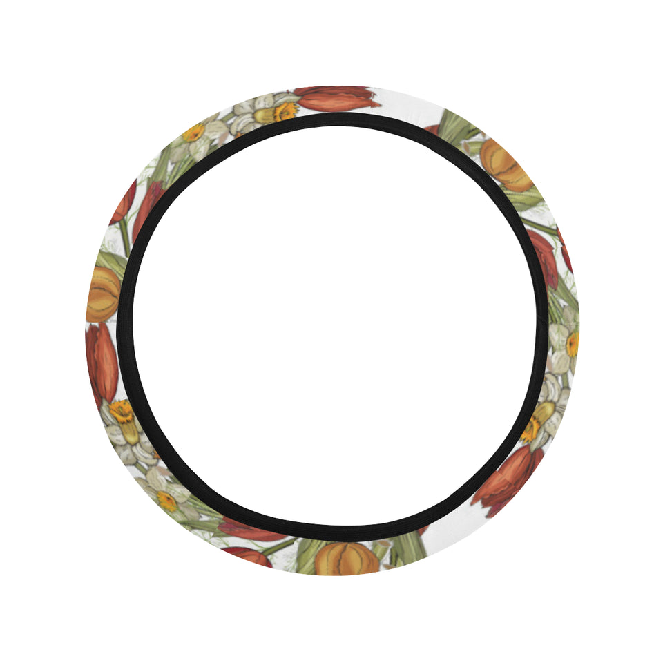 Red tulips and daffodils pattern Car Steering Wheel Cover