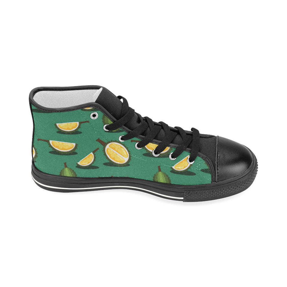 Durian pattern green background Women's High Top Canvas Shoes Black