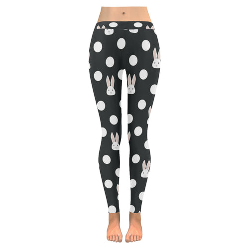 Cute white rabbit polka dots black background Women's Legging Fulfilled In US
