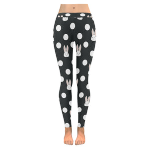 Cute white rabbit polka dots black background Women's Legging Fulfilled In US