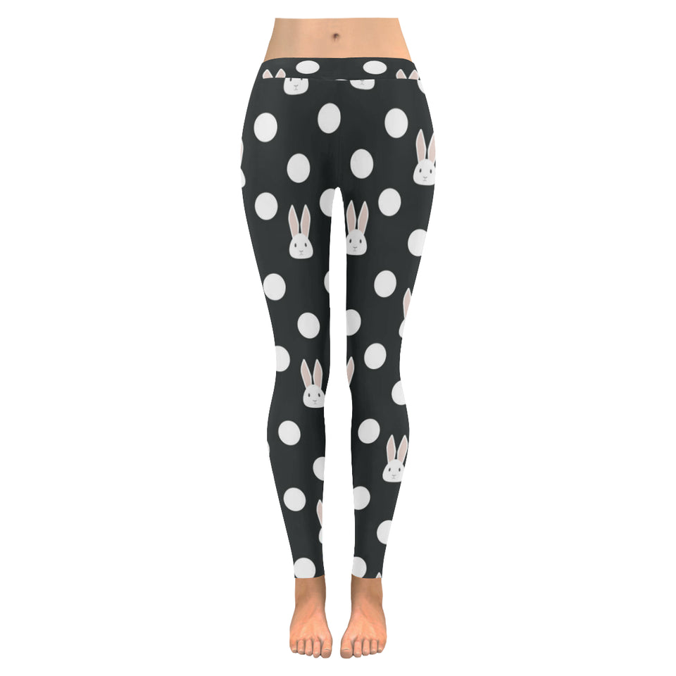 Cute white rabbit polka dots black background Women's Legging Fulfilled In US