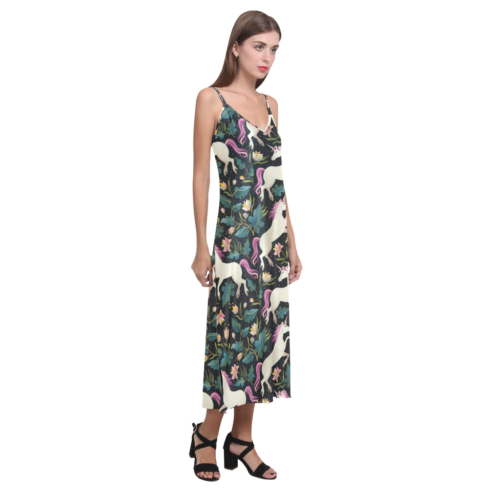 Unicorns forest background V-Neck Open Fork Long Dress