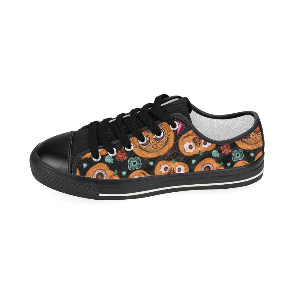 Pumpkin flowers spiderweb Halloween theme Kids' Boys' Girls' Low Top Canvas Shoes Black