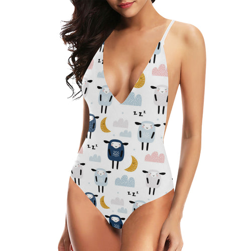 Cute sleeping sheep moon cloud pattern Women's One-Piece Swimsuit