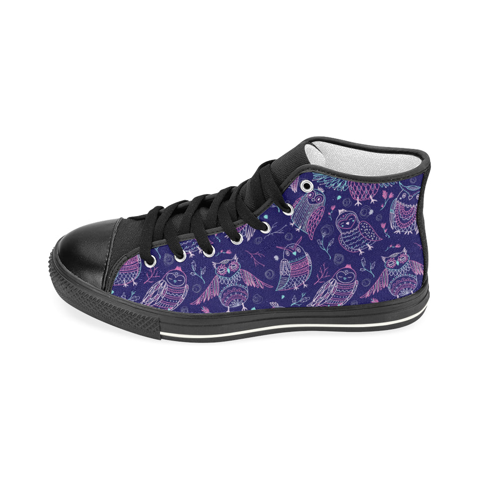 Cute owls pattern boho style ornament Women's High Top Canvas Shoes Black