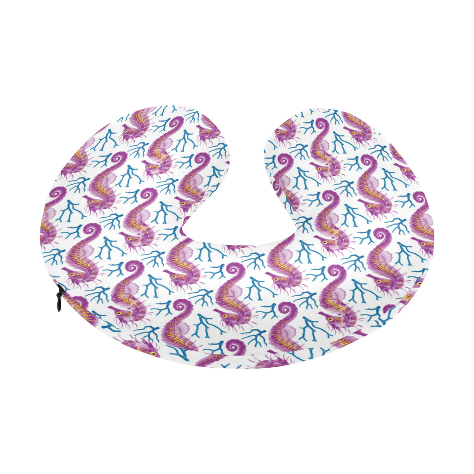 Purple seahorse blue coral pattern U-Shaped Travel Neck Pillow