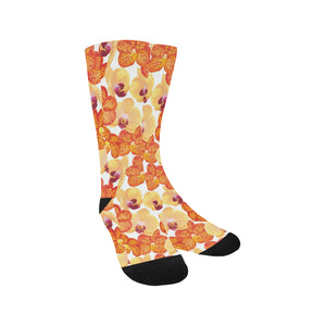 Orange yellow orchid flower pattern background Crew Socks