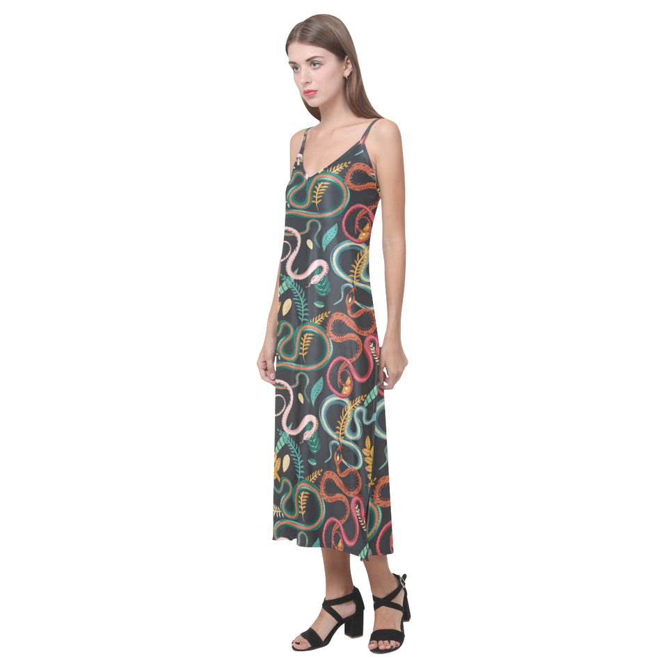 Colorful snake plant pattern V-Neck Open Fork Long Dress