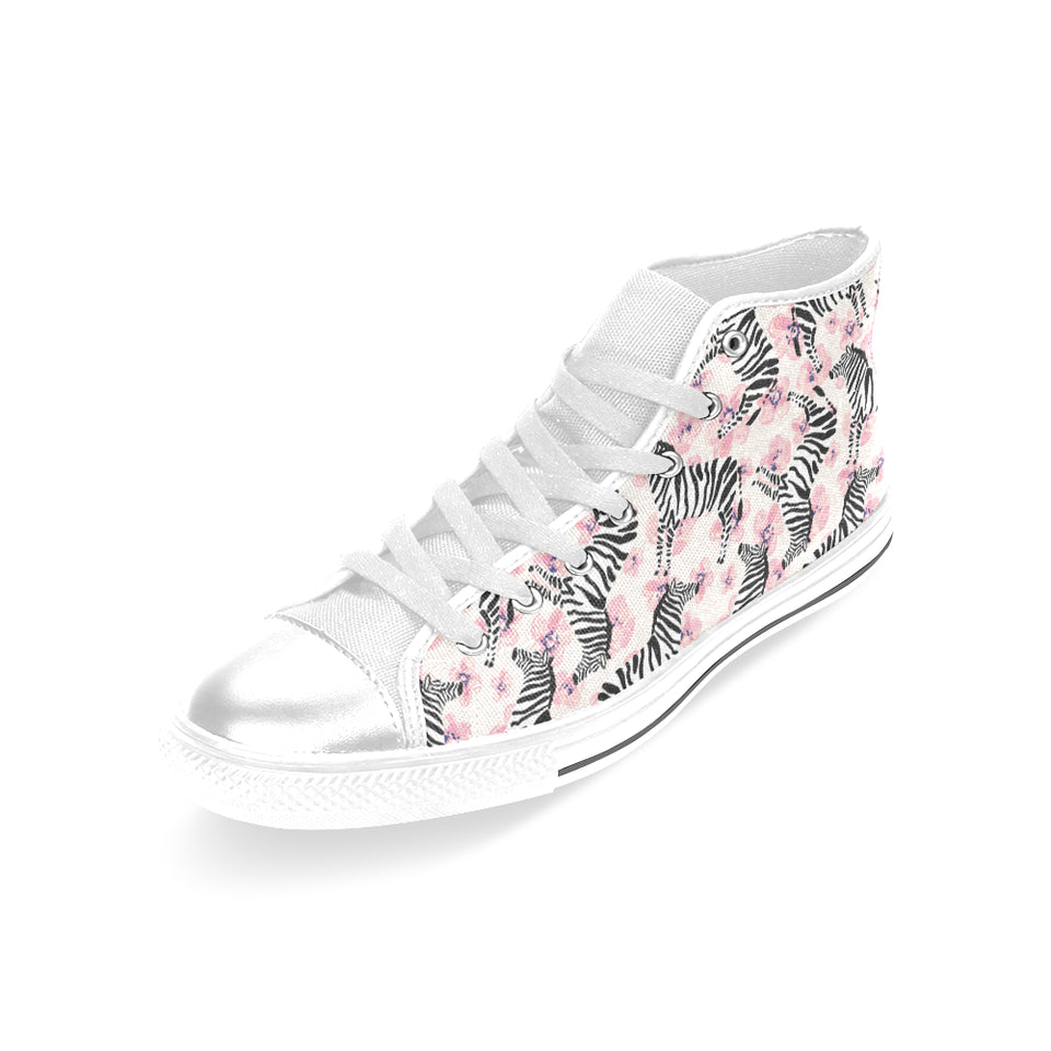 Zebra pink flower background Women's High Top Canvas Shoes White