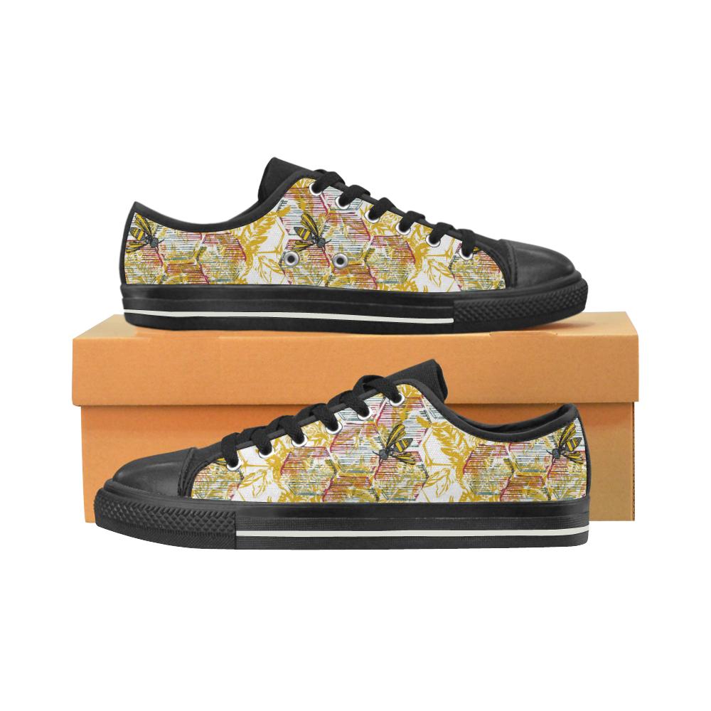 Cool Bee honeycomb leaves pattern Kids' Boys' Girls' Low Top Canvas Shoes Black