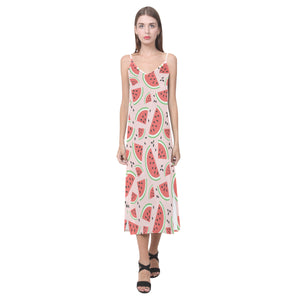 Watermelon pattern V-Neck Open Fork Long Dress