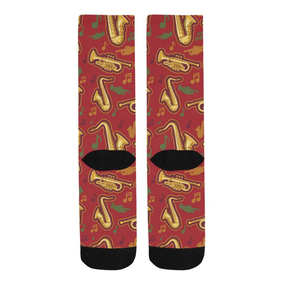 Saxophone cornet pattern red background Crew Socks
