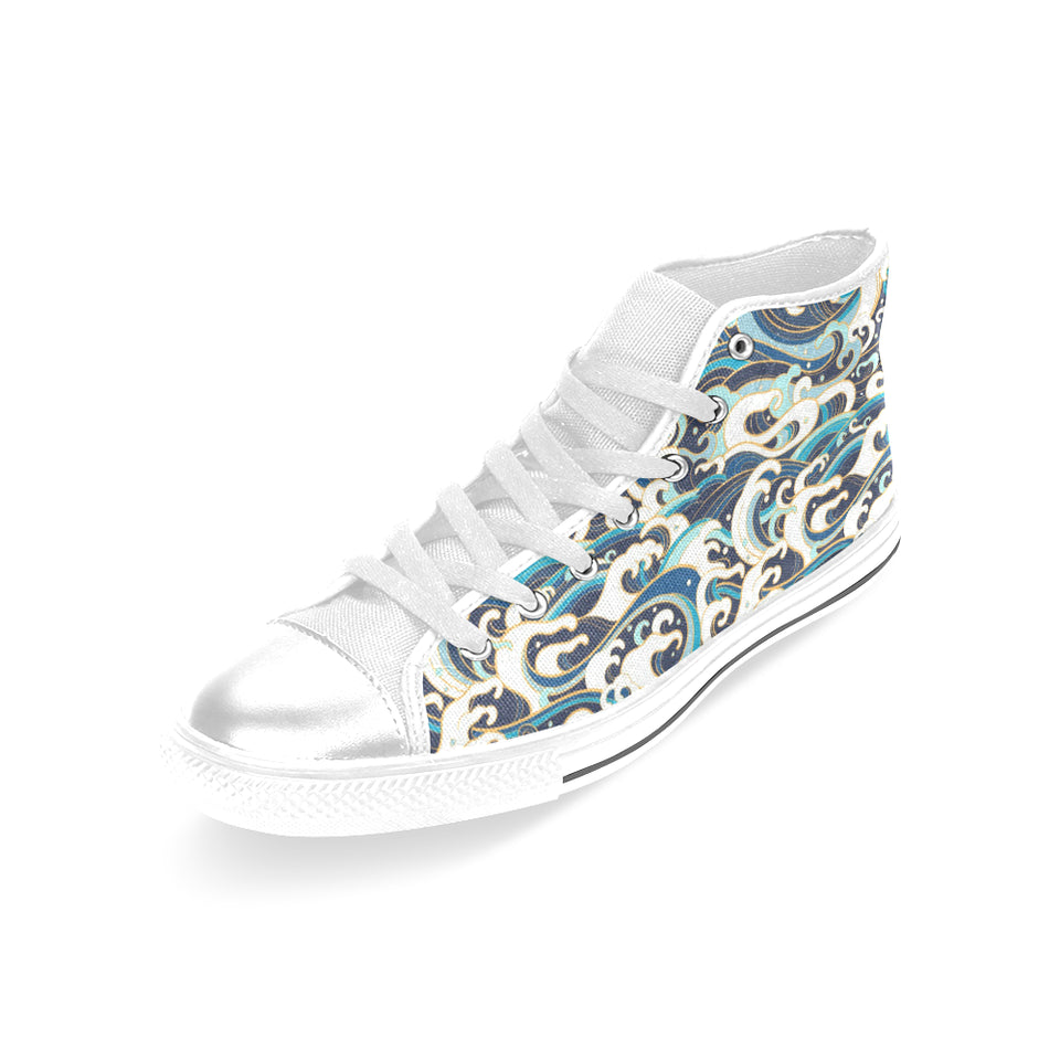 Japanese wave pattern Women's High Top Canvas Shoes White