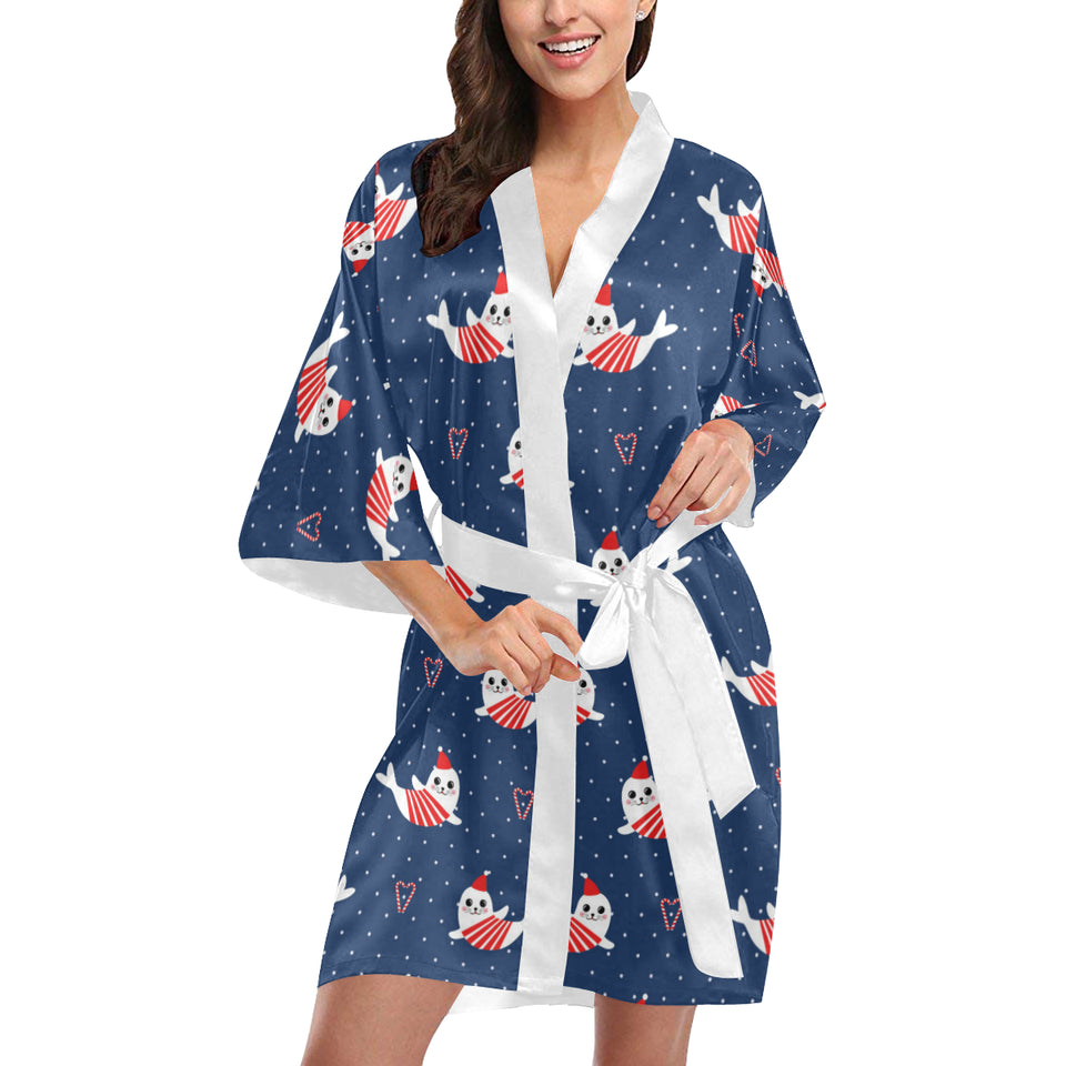 Cute sea lion seal christmas hat candy cane heart Women's Short Kimono Robe