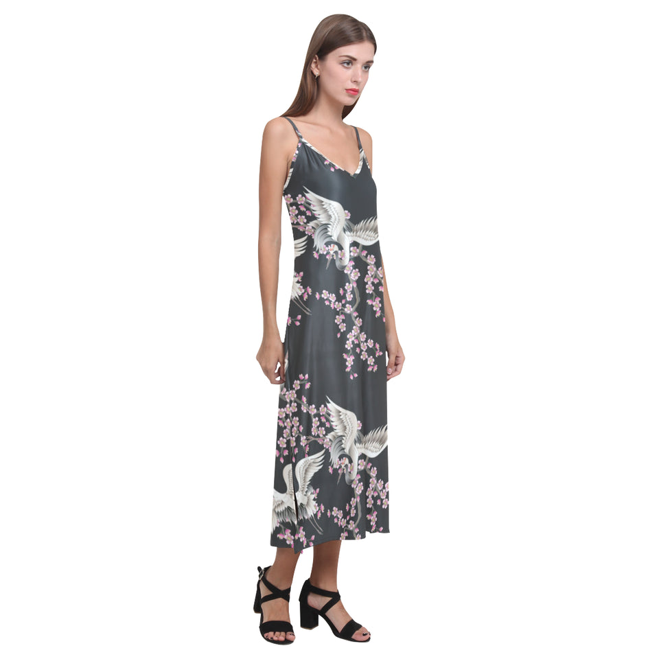Japanese crane pink sakura pattern V-Neck Open Fork Long Dress