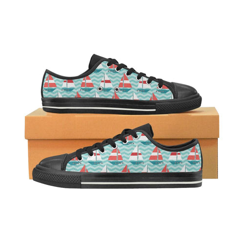 Red White sailboat wave background Kids' Boys' Girls' Low Top Canvas Shoes Black