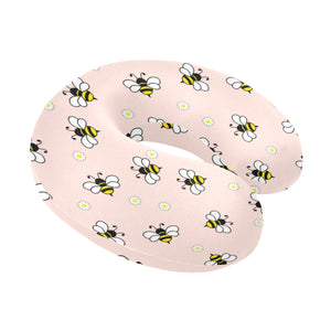 Cute bee flower pattern pink background U-Shaped Travel Neck Pillow