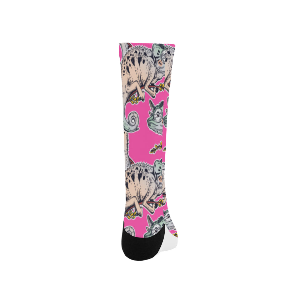 Chameleon lizard pattern pink background Crew Socks