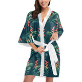 heliconia flowers, palm and monstera leaves on bla Women's Short Kimono Robe