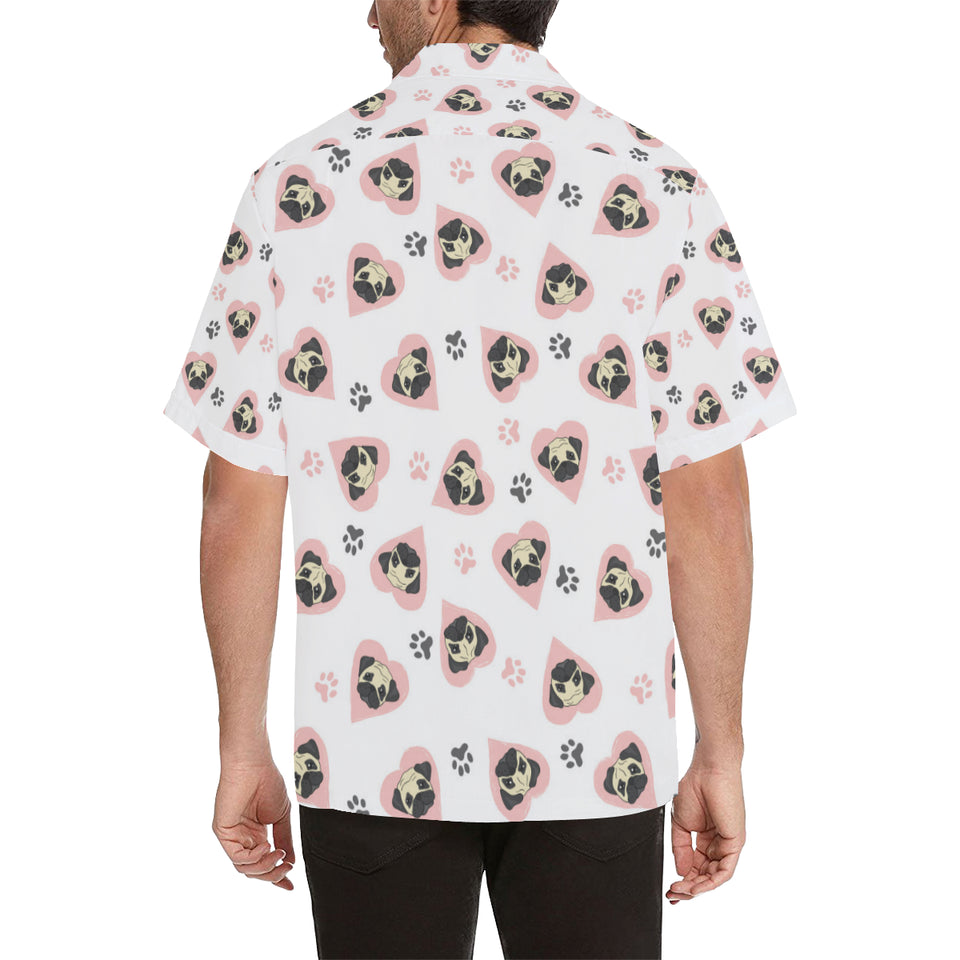 Cute pugs pink heart paw pattern Men's All Over Print Hawaiian Shirt