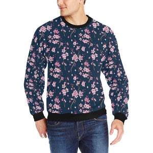 Pink sakura cherry blossom blue background Men's Crew Neck Sweatshirt