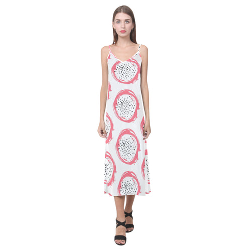 Hand drawn dragon fruit V-Neck Open Fork Long Dress