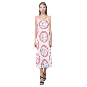 Hand drawn dragon fruit V-Neck Open Fork Long Dress