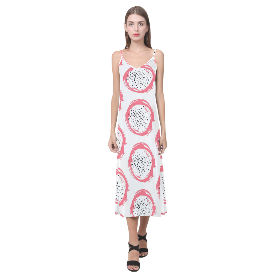 Hand drawn dragon fruit V-Neck Open Fork Long Dress
